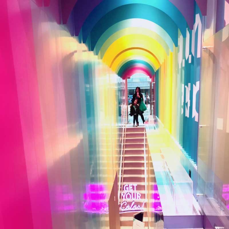 Brightly lit colourful corridor.