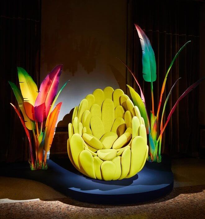 Yellow lotus chair with leaves.
