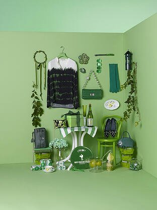 Green clothing and product display.